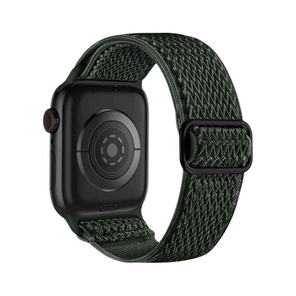 Back of the Anhem Weave Nylon Band on a green Apple Watch, highlighting its sleek design.