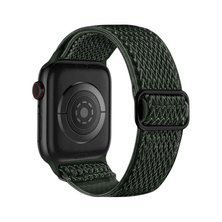 Back of the Anhem Weave Nylon Band on a green Apple Watch, highlighting its sleek design.