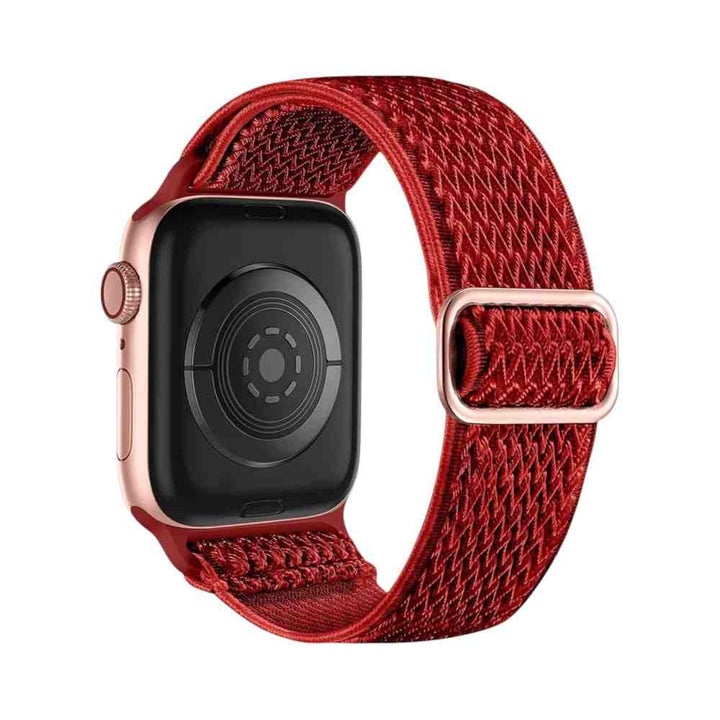 Back view of the Anhem Weave Nylon Band in red on an Apple Watch, emphasizing its comfortable fit.