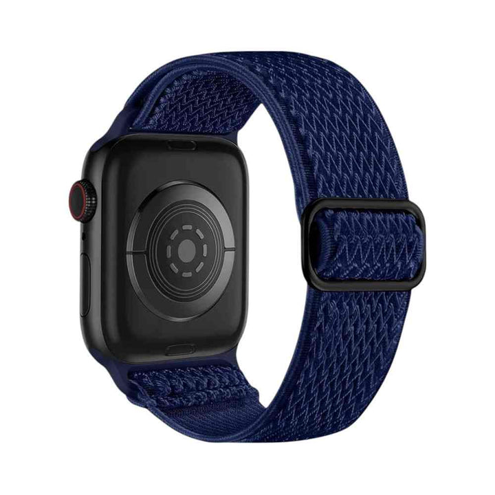Back view of the Anhem Weave Nylon Band in navy on an Apple Watch, focusing on its adjustable features.
