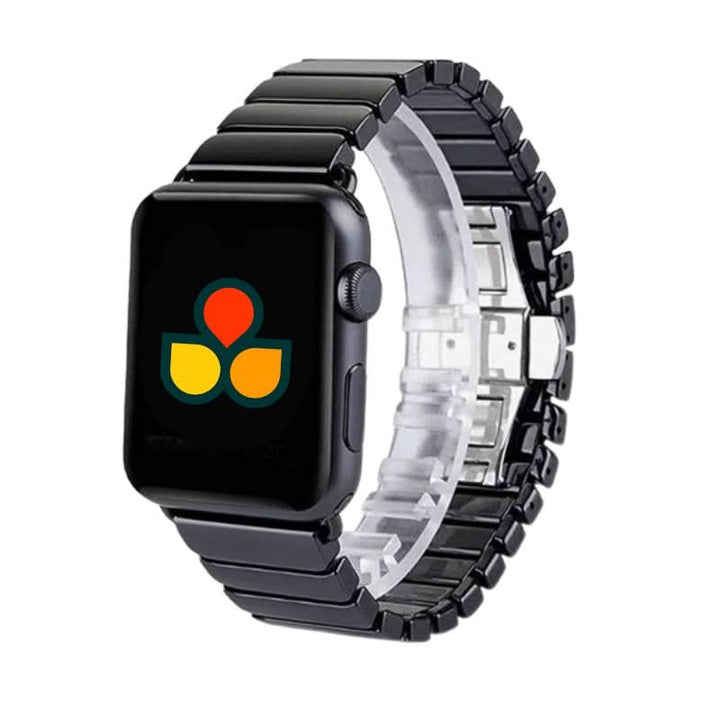 Anhem Black Luxe Ceramic Band featured on an Apple Watch, showcasing a sleek black design, perfect for all-day comfort with a luxurious touch.