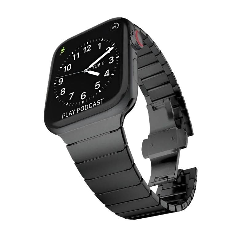 Monarch Steel Band showcased on a sleek black Apple Watch, highlighting the stylish design of this Metal Apple Watch Band from Anhem.