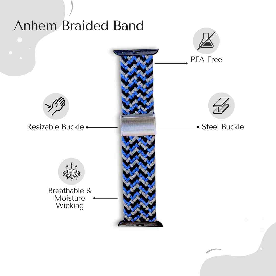 Anhem Braided Nylon Band for Apple Watch, showcasing a classic black braided design. Perfect for any occasion and easy to wear. Braided Apple Watch Band.