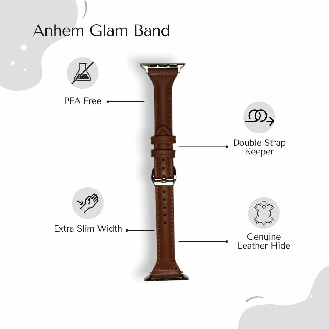 Graphic image of the Anhem Glam Band in brown, detailing its features, ideal for those looking for an extra-slim design in their thin leather apple watch band.