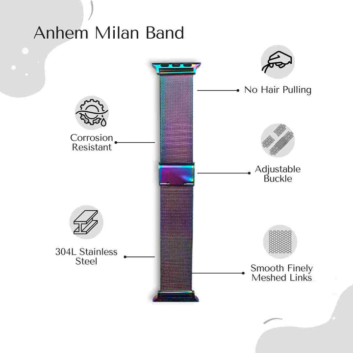 Anhem's stylish purple Milan Steel Band on an Apple Watch, featuring unique color blends as a trendy Milanese apple watch band.