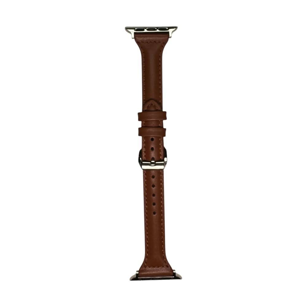 Vertical display of the brown Anhem Slim Leather Band, emphasizing its sleek look and practical design for Apple Watch users. A quintessential thin leather apple watch band.
