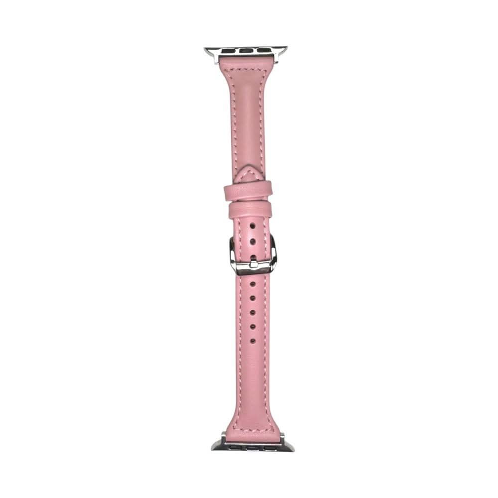 Pink Anhem Slim Leather Band displayed vertically to show its slim design, perfect for a delicate touch on an Apple Watch. Segments of a thin leather apple watch band.