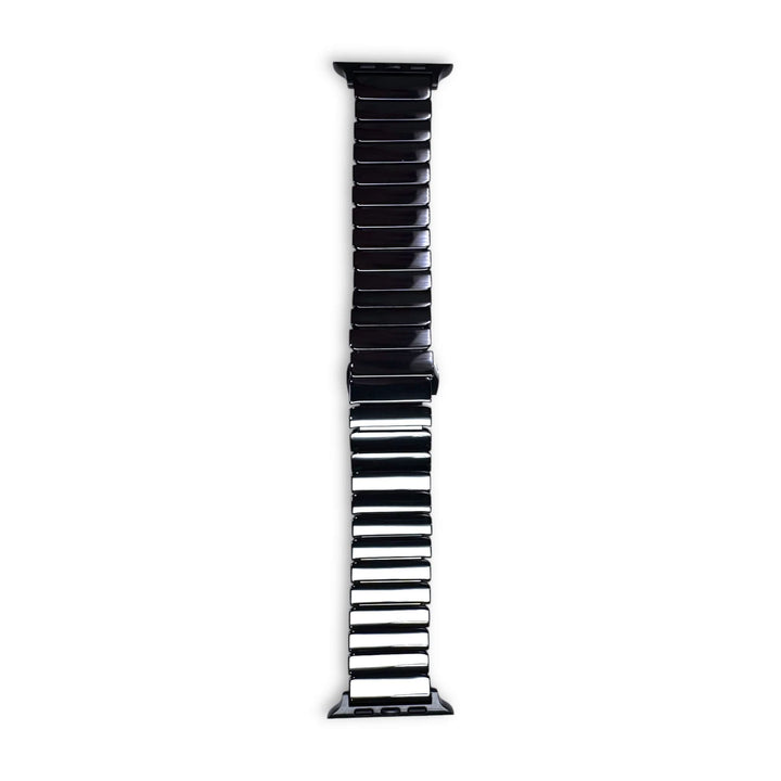 Straight view of the black Anhem Luxe Ceramic Band, highlighting its shininess and modern appeal for the perfect Ceramic Apple Watch band.
