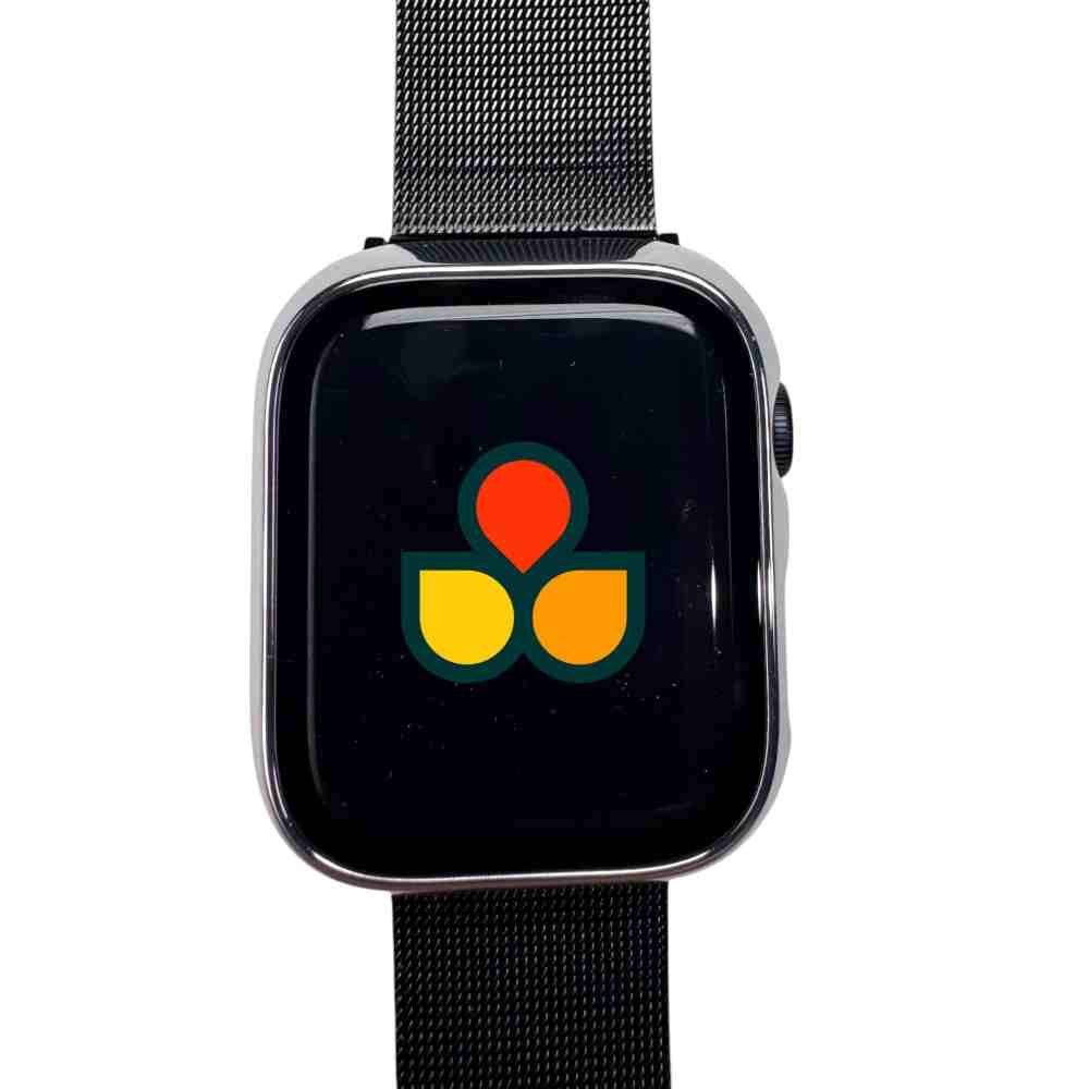 Close-up of Anhem's shiny protective case cover on an Apple Watch, highlighting its vibrant logo and built-in screen protector.