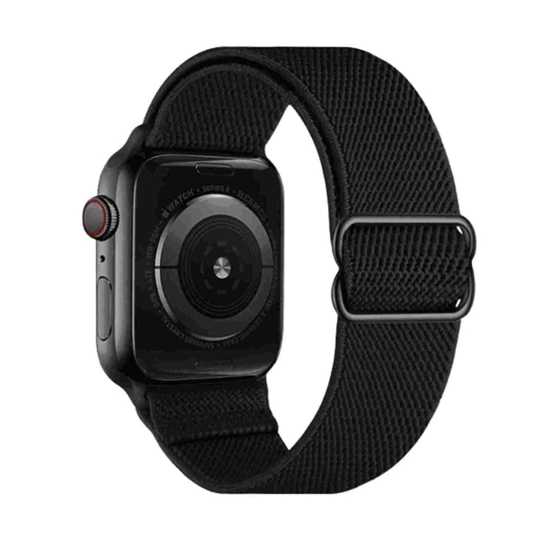 Black Flex Nylon Band by Anhem for Apple Watch, a stretchy and comfortable style for any wrist size, ideal for daily wear.