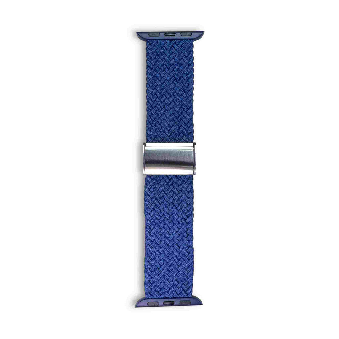 Anhem Braided Nylon Band for Apple Watch in blue with silver buckle accents, combining durability with a stylish look. Perfect for casual wear. Braided Apple Watch Band.