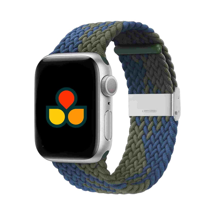 Anhem Braided Nylon Band for Apple Watch in mixed green and blue, providing a comfortable fit and unique style. Great for outdoor adventures. Braided Apple Watch Band.