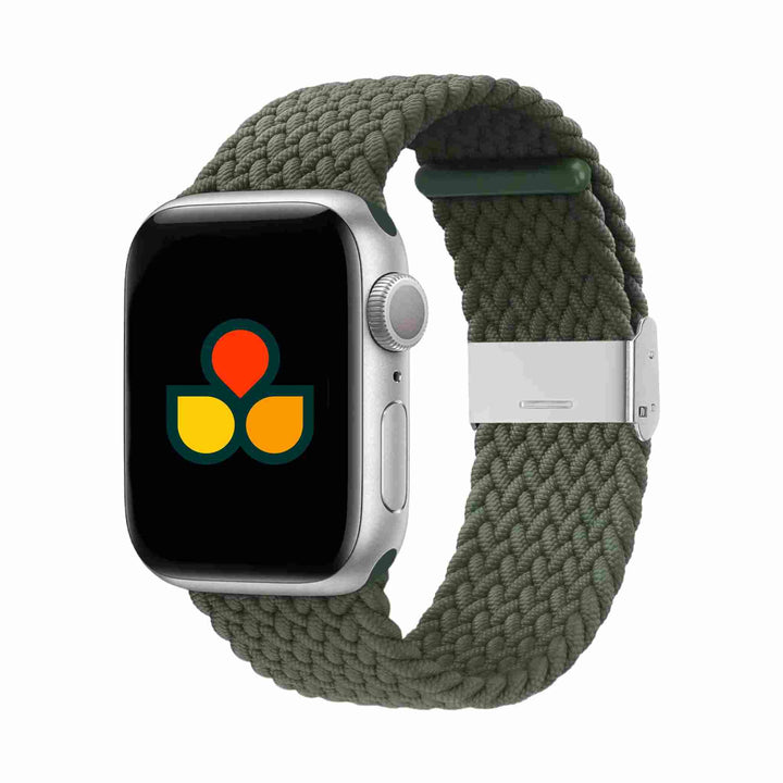 Anhem Braided Nylon Band for Apple Watch in olive green, offering a comfortable fit for all wrist sizes. Ideal for casual and exercise wear. Braided Apple Watch Band.