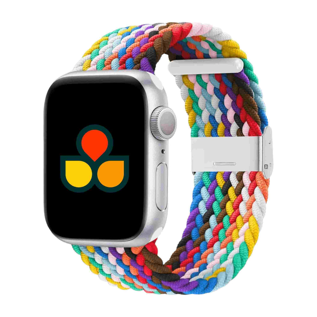 Anhem Braided Nylon Band for Apple Watch in rainbow colors representing pride, a versatile option for various occasions. Comfortable and stylish for everyday wear. Braided Apple Watch Band.