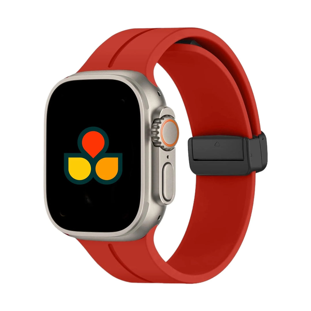 Eye-catching red Anhem Magna Silicone strap, a trendy option as a Magnetic Silicone Apple Watch band.
