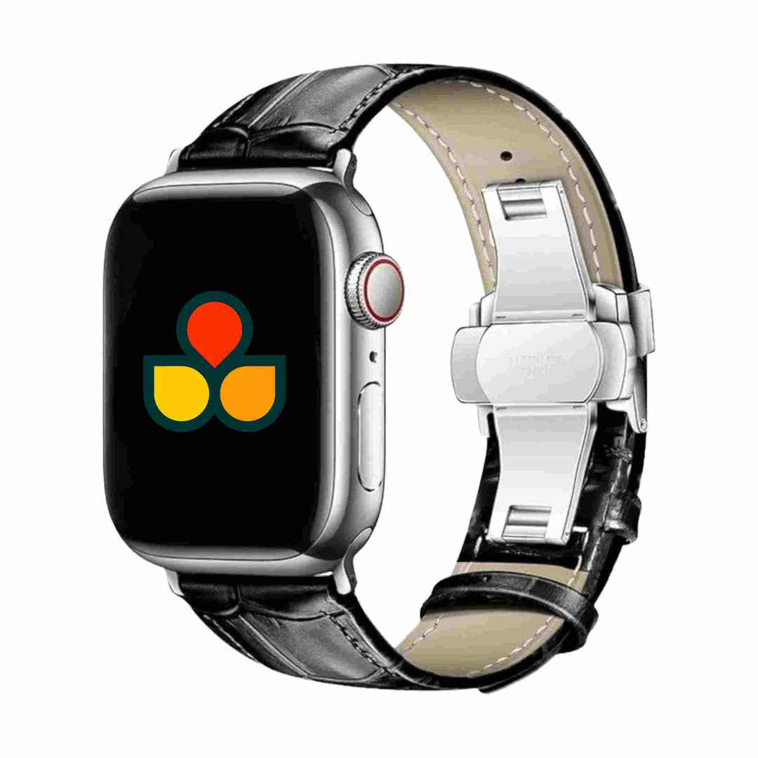 Anhem Allie Leather Band with alligator skin design showcased on an Apple Watch, highlighting its stylish design and deployant buckle, perfect for Apple Watch users.