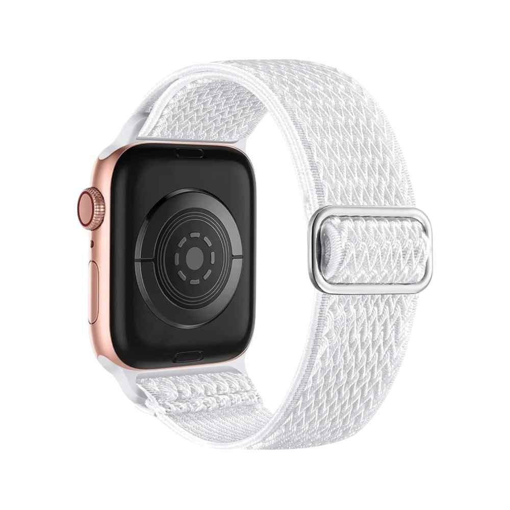 Back of the Anhem Weave Nylon Band in white on an Apple Watch, demonstrating its adjustable fit and material.