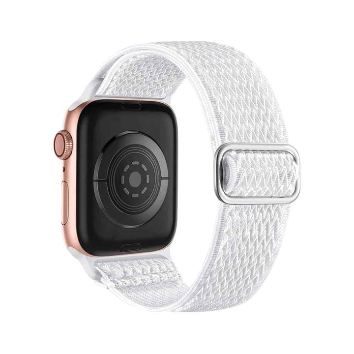 Back of the Anhem Weave Nylon Band in white on an Apple Watch, demonstrating its adjustable fit and material.