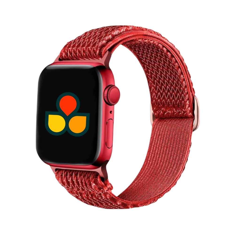 Anhem Weave Nylon Band on a red Apple Watch, perfect for fitness enthusiasts who value style.