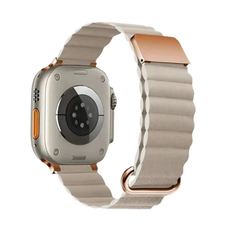 Anhem Mag Leather Band in light beige color, showcasing its design for the Apple Watch as a stylish Leather Magnetic Apple Watch band.