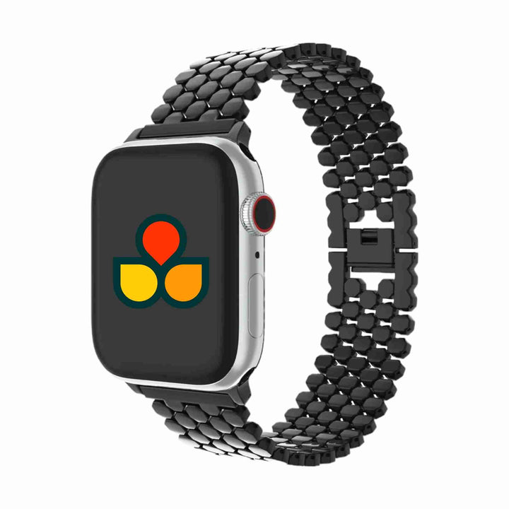 Anhem Hex Metal Band in black, displayed on an Apple Watch, representing a fashionable choice for an apple watch bracelet metal.