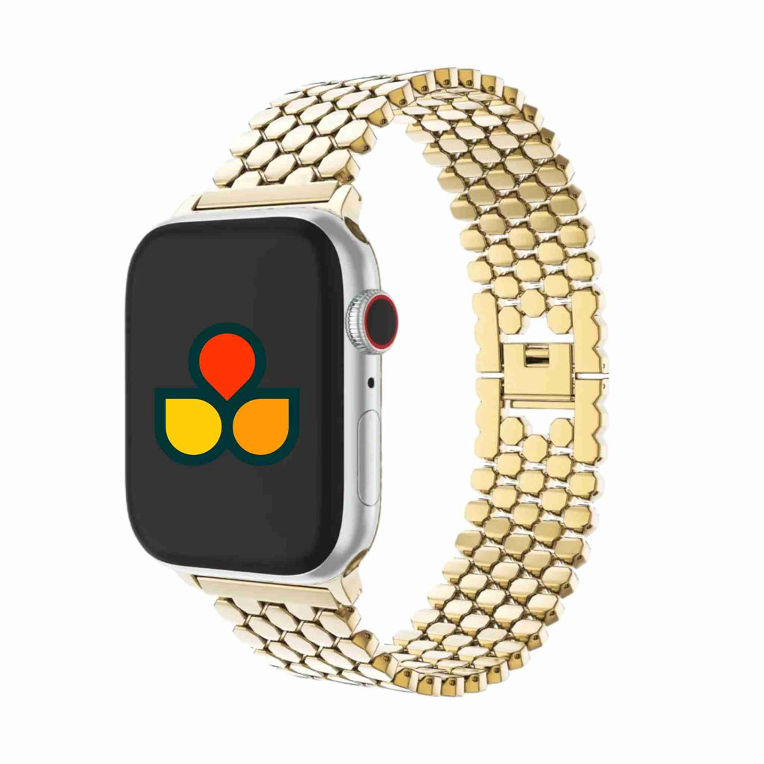 Anhem Hex Metal Band in gold, fitted on an Apple Watch, offers a chic apple watch bracelet metal look for style enthusiasts.