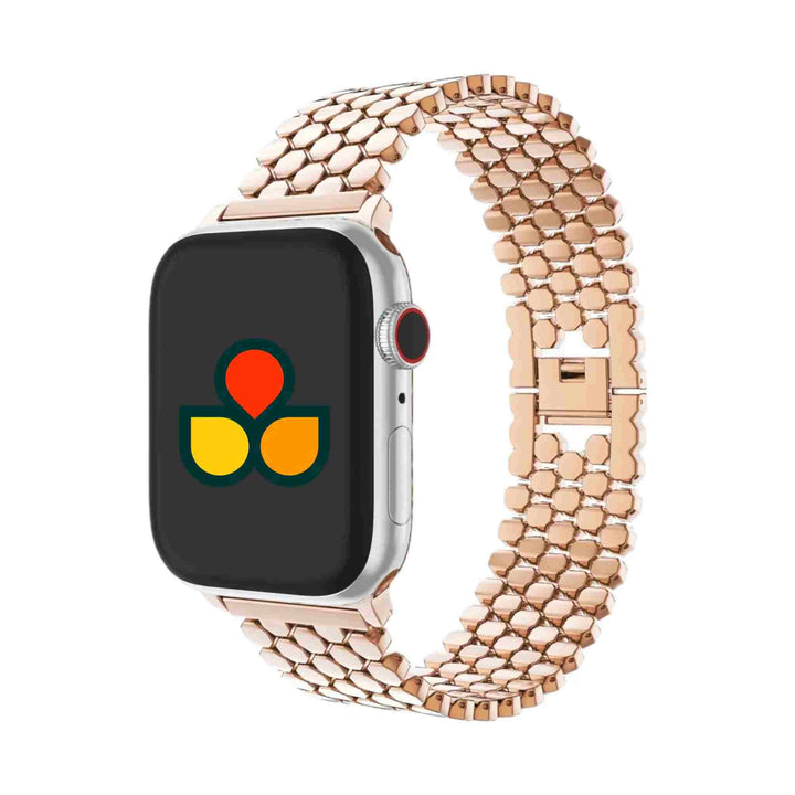 Anhem Hex Metal Band in rose gold worn on an Apple Watch, combining functionality and elegance as an apple watch bracelet metal accessory.