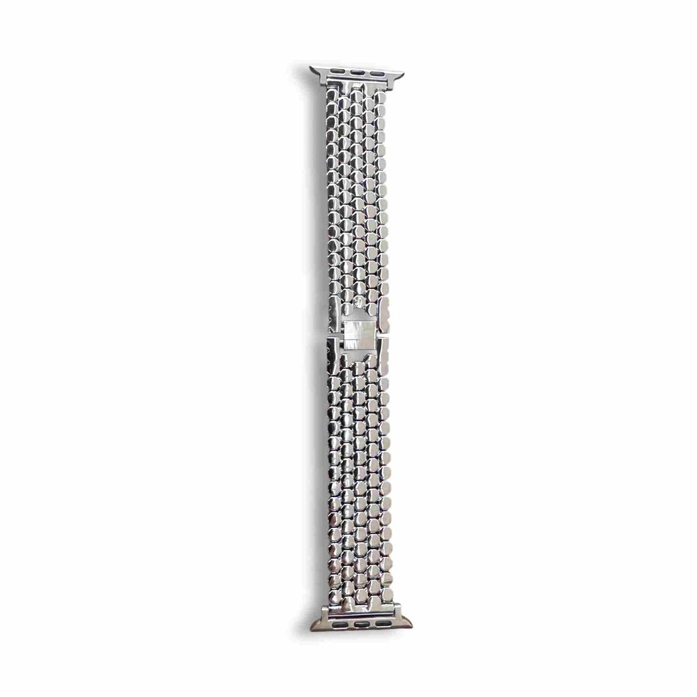 Close-up of the silver Anhem Hex Metal Band, designed for Apple Watch, highlighting its unique hex link structure as an apple watch bracelet metal option.