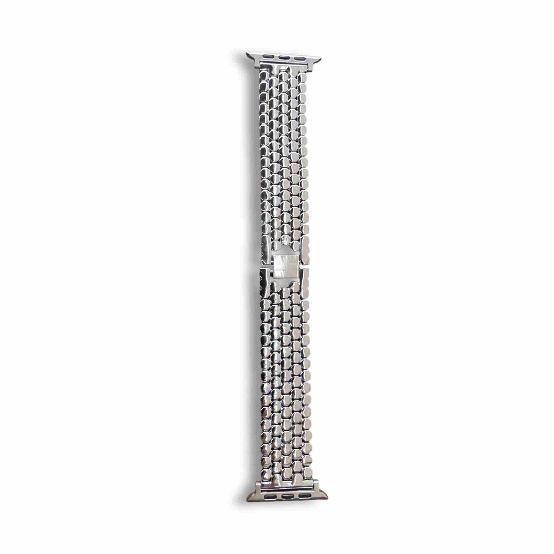 Close-up of the silver Anhem Hex Metal Band, designed for Apple Watch, highlighting its unique hex link structure as an apple watch bracelet metal option.