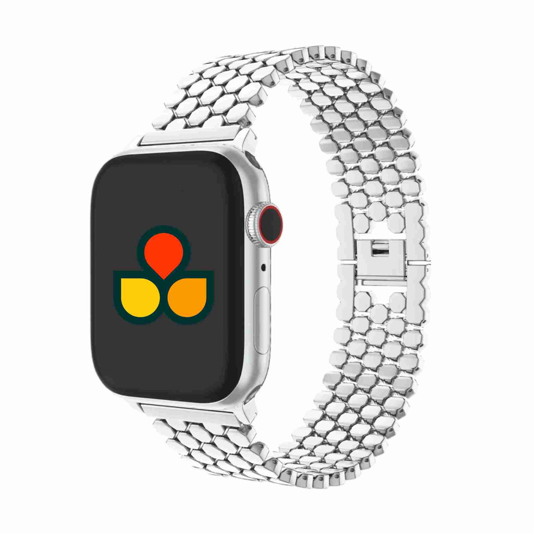 Silver Anhem Hex Metal Band showcased on an Apple Watch, featuring a stylish design that resembles a bracelet, ideal as an apple watch bracelet metal accessory.