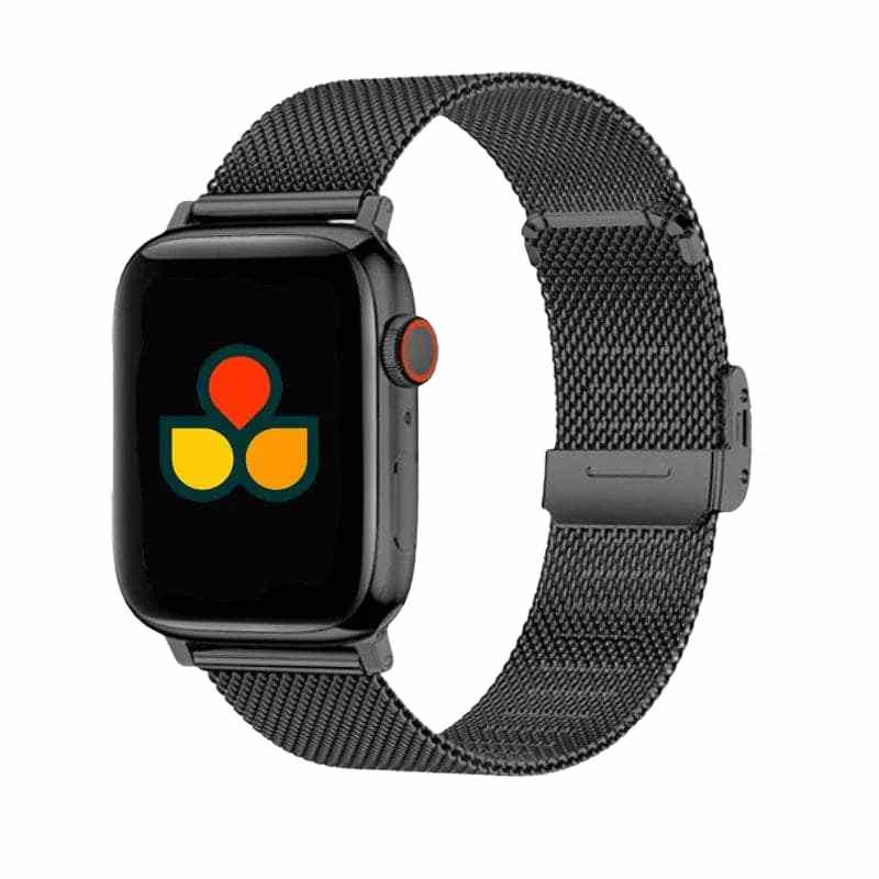 Black Anhem Milan Steel Band displayed on an Apple Watch, showcasing a sleek design and Milanese style, perfect for complementing any outfit. Ideal Milanese apple watch band.
