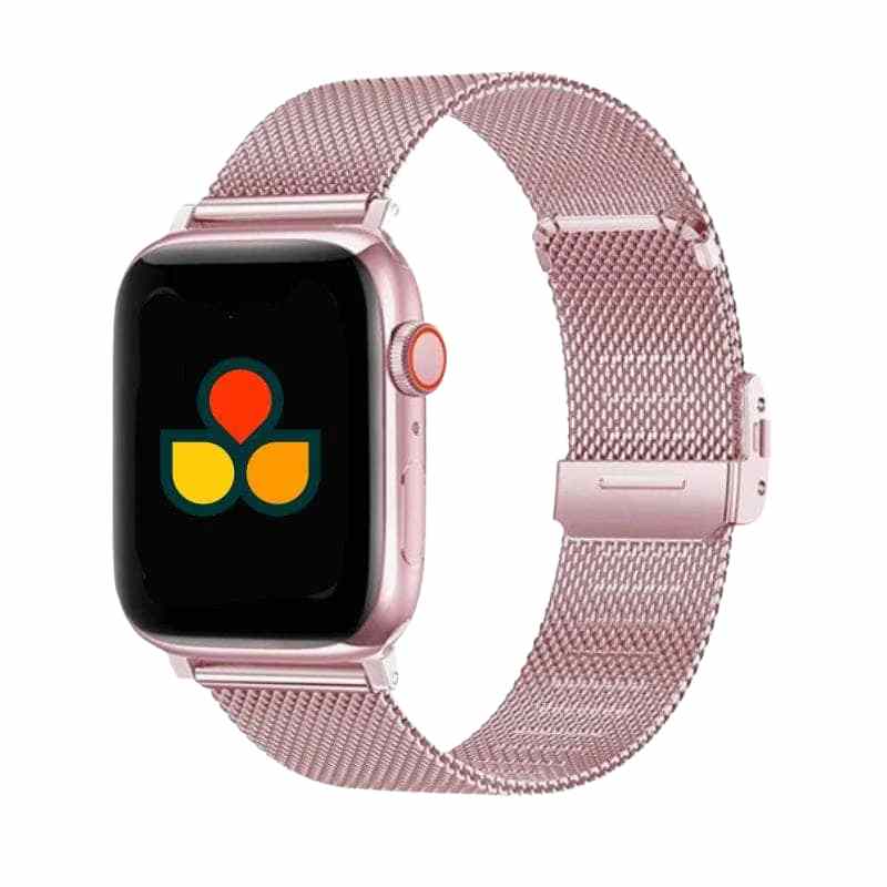 Stylish rose pink Milan Steel Band by Anhem, showcasing the finely meshed links, making it a trendy Milanese apple watch band.