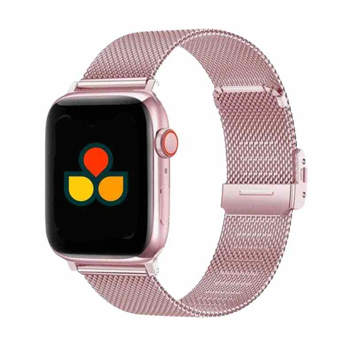 Stylish rose pink Milan Steel Band by Anhem, showcasing the finely meshed links, making it a trendy Milanese apple watch band.