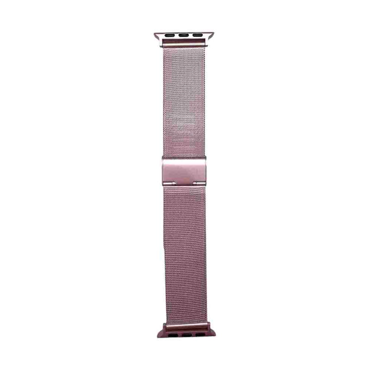 Close-up of rose pink Milan Steel Band for Apple Watch, focusing on the elaborate mesh structure, a sophisticated Milanese apple watch band from Anhem.
