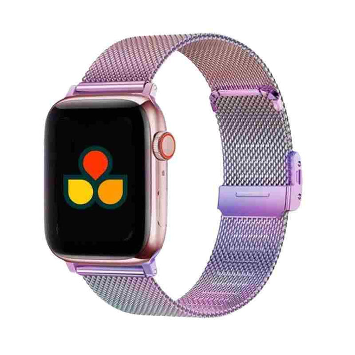 Anhem Milan Steel Band in iridescent burnt metal on an Apple Watch, showcasing its refined look as a fashionable Milanese apple watch band.