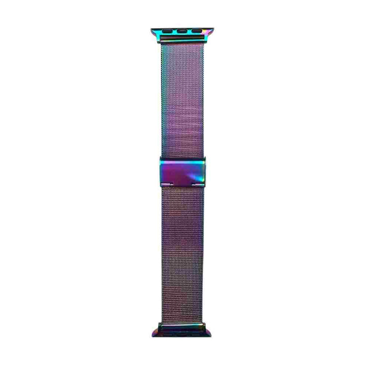 Close-up of the iridescent burnt metal Milan Steel Band by Anhem, highlighting its adjustable design and elegance, ideal as a Milanese apple watch band.