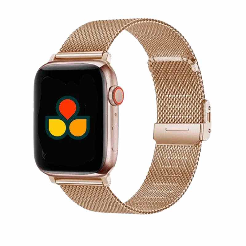 Anhem's rose gold Milan Steel Band featured on an Apple Watch, embodying elegance and style as a luxurious Milanese apple watch band.