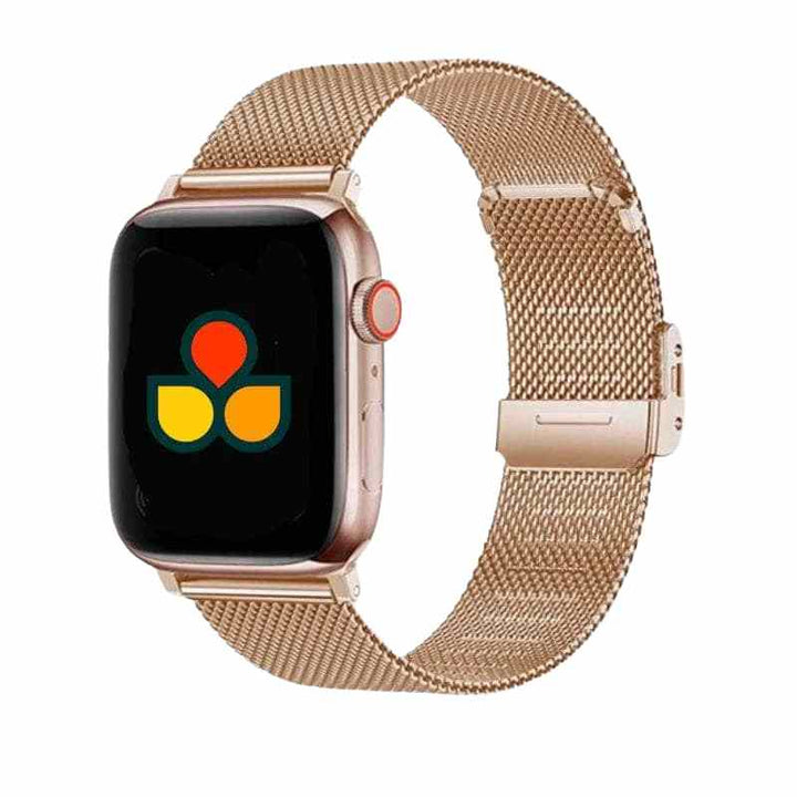 Anhem's rose gold Milan Steel Band featured on an Apple Watch, embodying elegance and style as a luxurious Milanese apple watch band.