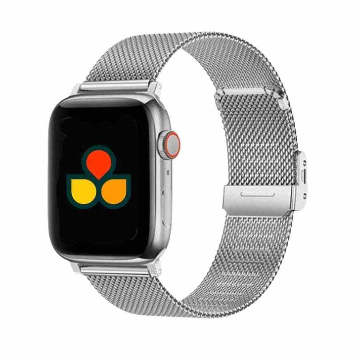 Anhem Milan Steel Band fitted on a silver Apple Watch, highlighting its modern look and versatility as a stylish Milanese apple watch band.