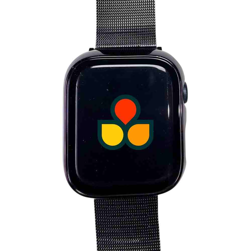 Anhem's shiny protective case cover on an Apple Watch displaying a colorful logo, featuring a built-in screen protector for maximum protection.