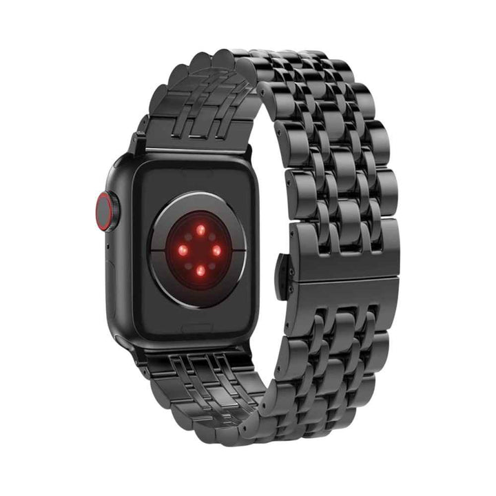 Flat view of the Anhem Allure Steel Band. This apple watch metal band offers a contemporary design with polished and brushed metal accents.