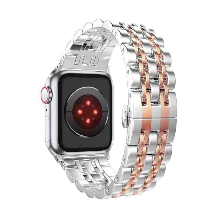 Anhem Allure Steel Band on an Apple Watch. The apple watch metal band highlights an intricate design and a two-tone finish, adding a touch of luxury.