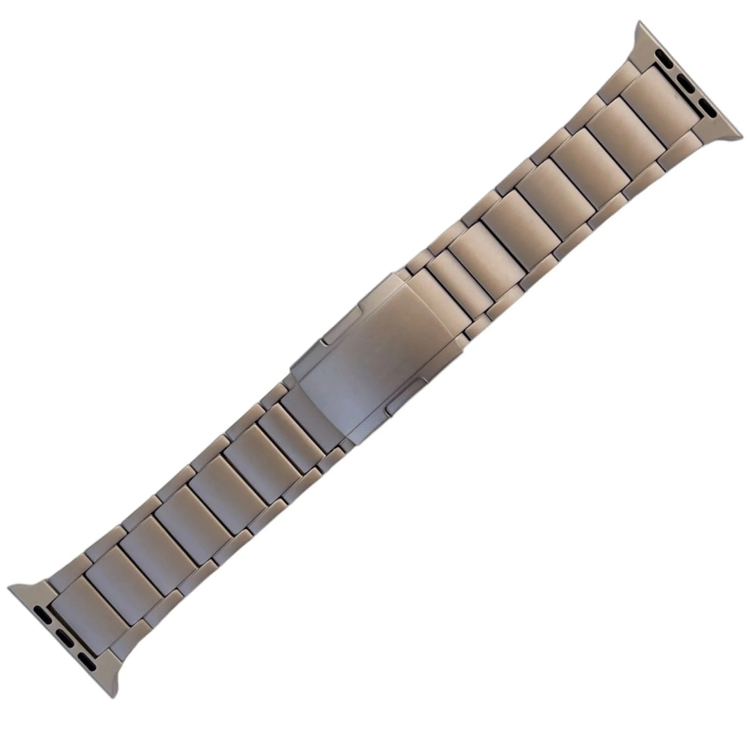 Underneath view of the black Anhem Ultra Titanium Band, emphasizing its intricate link design ideal for Apple Watch.
