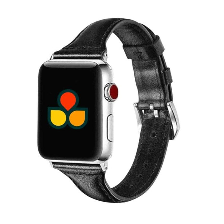 Anhem Slim Leather Band shown on an Apple Watch, featuring a sleek design that enhances the look of the watch. Perfect for anyone seeking a thin leather apple watch band.