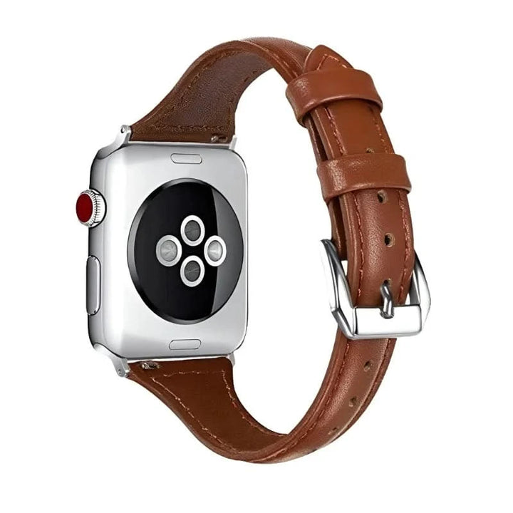 Anhem Slim Leather Band in brown on an Apple Watch, combining elegance and comfort, exemplifying the perfect thin leather apple watch band.