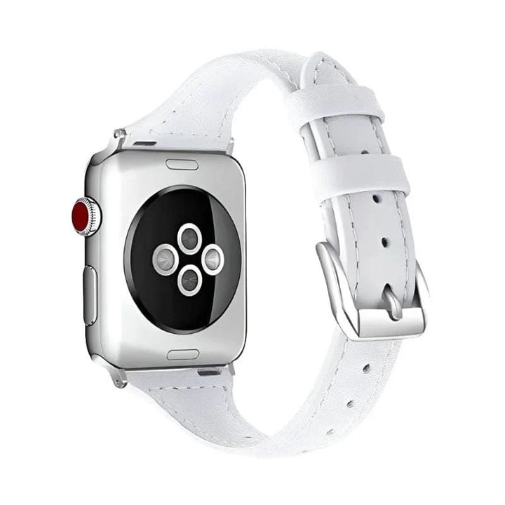 Brown Anhem Slim Leather Band, showing its chic aesthetic on an Apple Watch, ideal for those seeking a refined thin leather apple watch band.