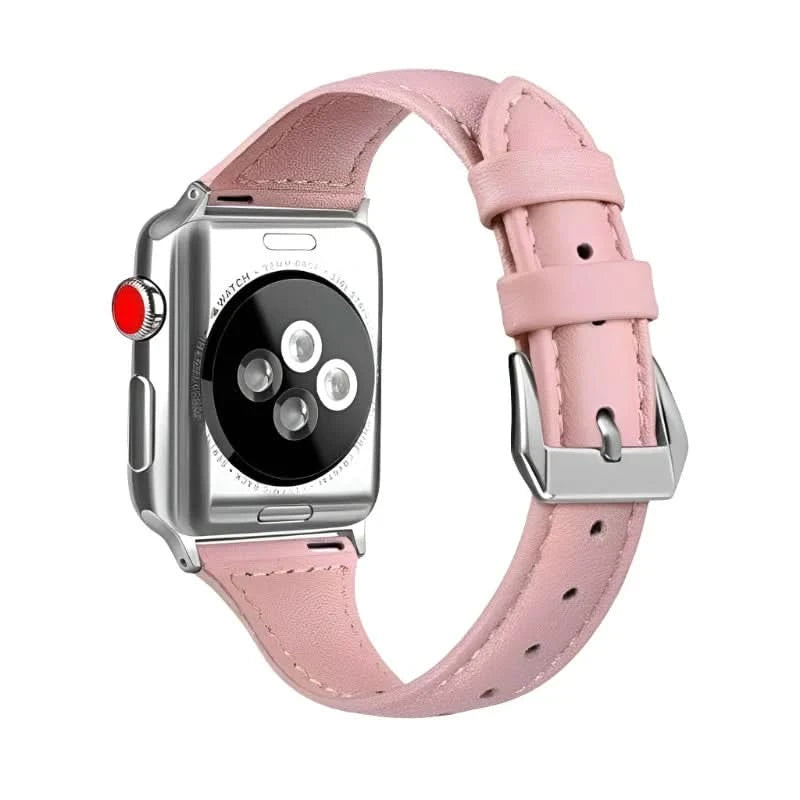 Stylish Anhem Slim Leather Band in pink attached to an Apple Watch, showcasing its feminine appeal as a thin leather apple watch band.