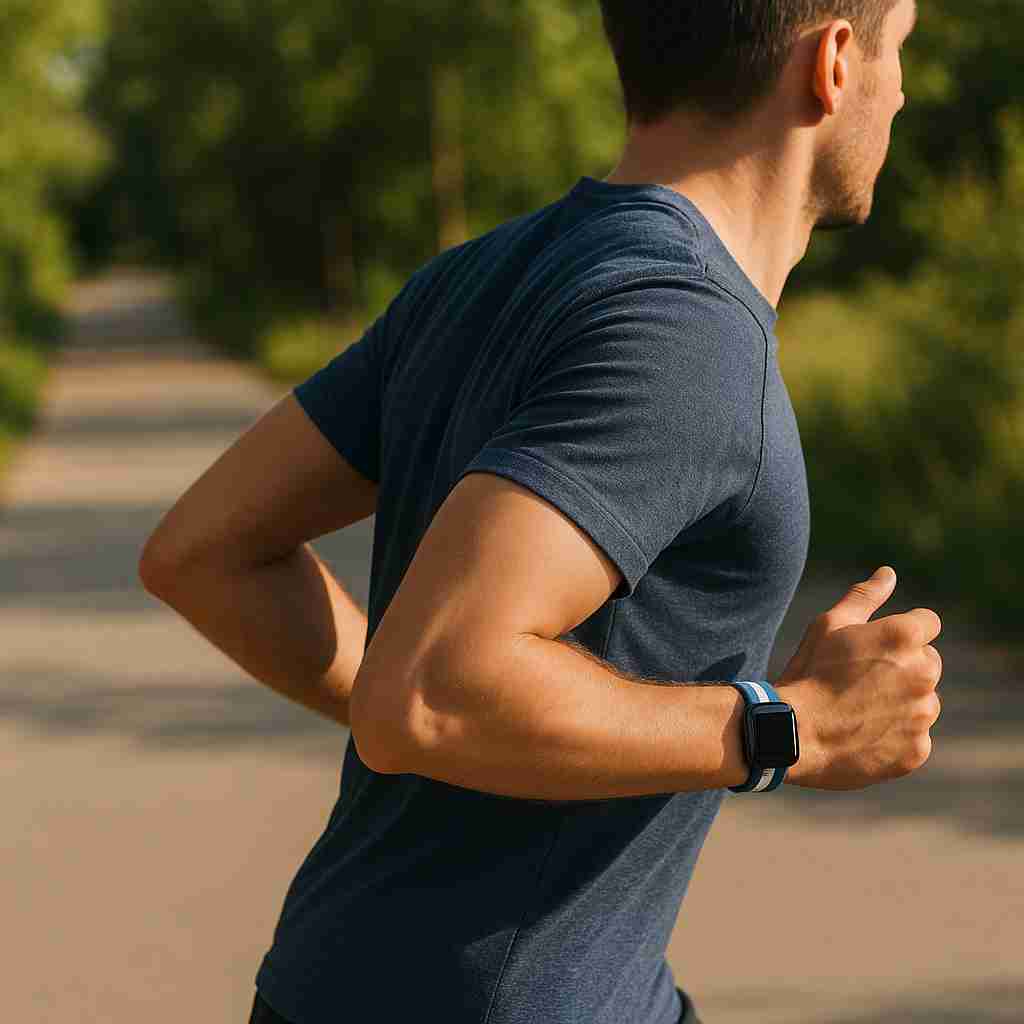 Man jogging on a path wearing an Apple Watch with a stylish band from the Apple Watch bands & accessories for men collection, showcasing durability and functionality.