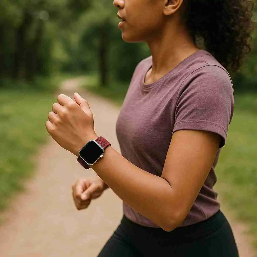 A woman jogging in a park wearing stylish Apple Watch bands & accessories for women, featuring a unique Silicone band. Perfect for active lifestyles.  Apple Watch Straps & Accessories For Women anhem.myshopify.com