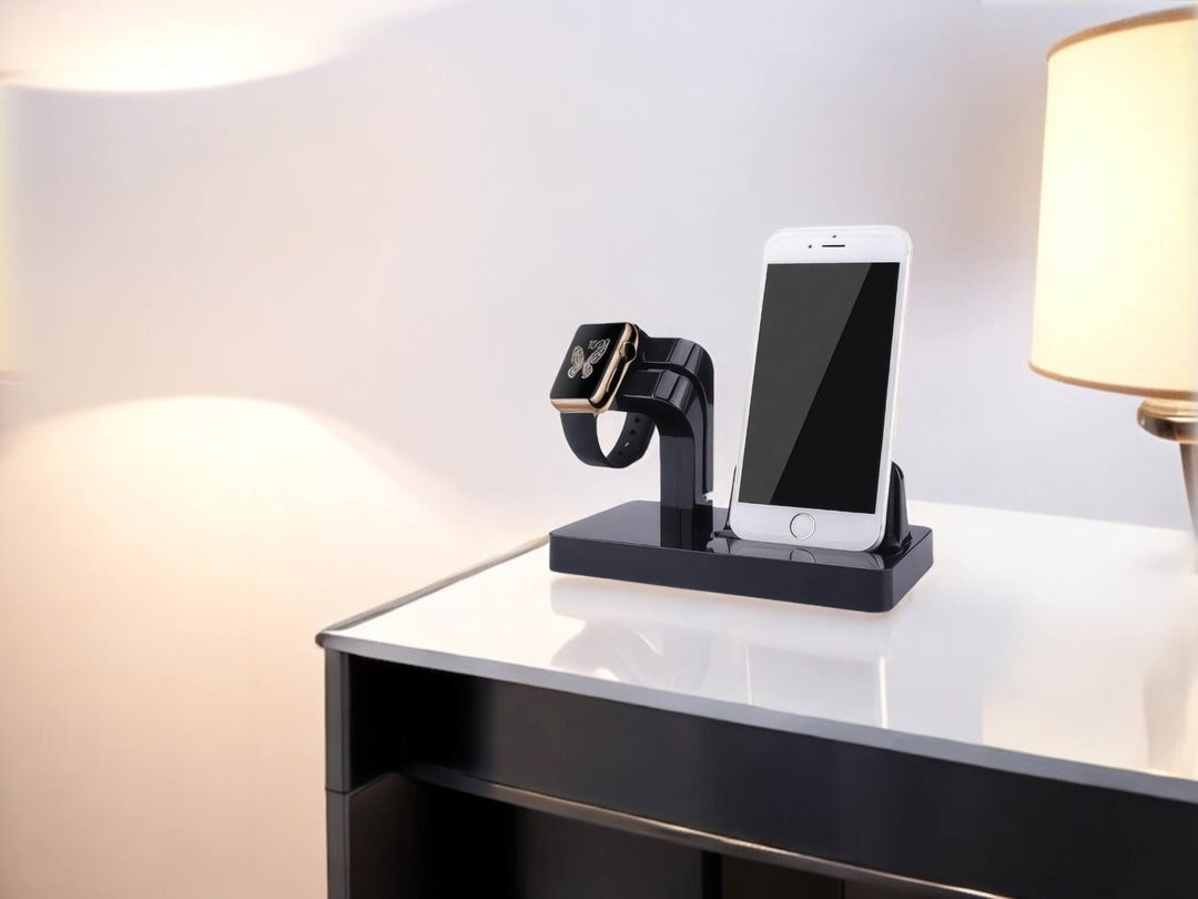 Stylish Apple Watch accessories display featuring a sleek charging stand for Apple Watch and iPhone, perfect for showcasing Anhem's collection of Apple Watch accessories.
